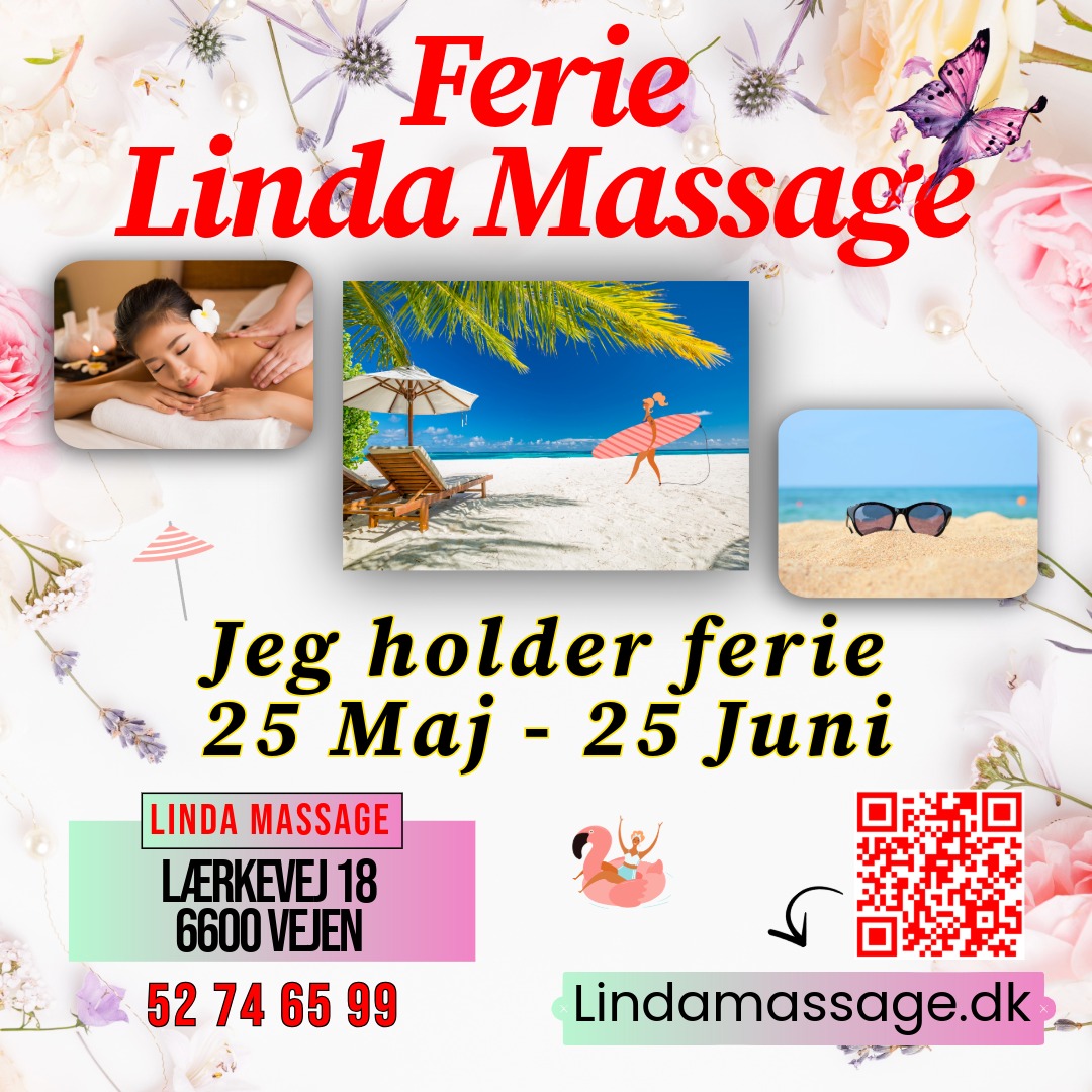 Linda Massage Ferie 2026 Sommerferie Orlov Fridag Thai massør Ryg Nakke Skulder Sportsmassage Sport Fod Olie Hænder Masser Terapi